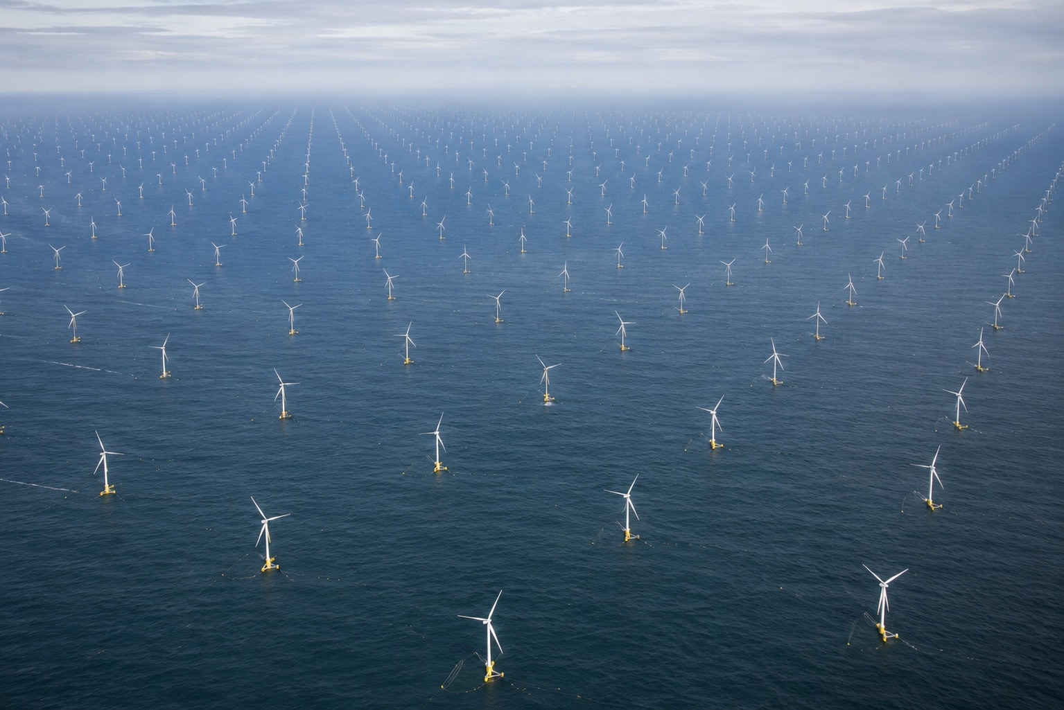 Visual simulation of rows of floating offshore wind turbines off the Central Coast.
